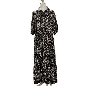 Ella Simone Dress Black Ditsy Floral Tiered Button Front Midi Women's Medium